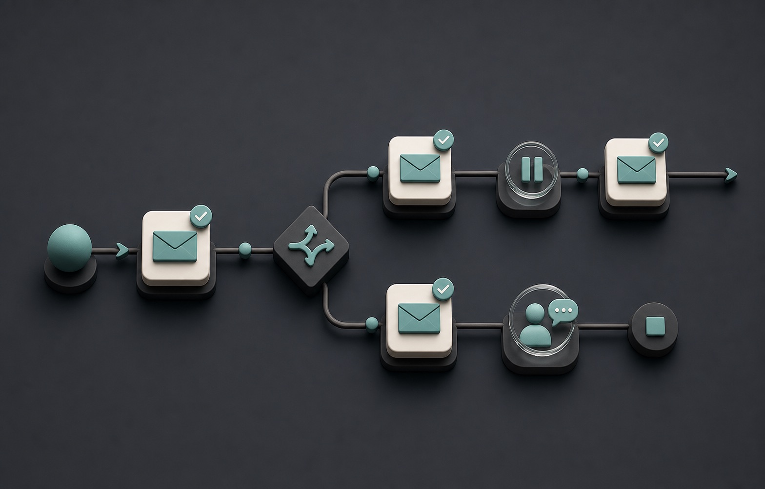 Automation flow with a trigger, wait, branch, and stop point
