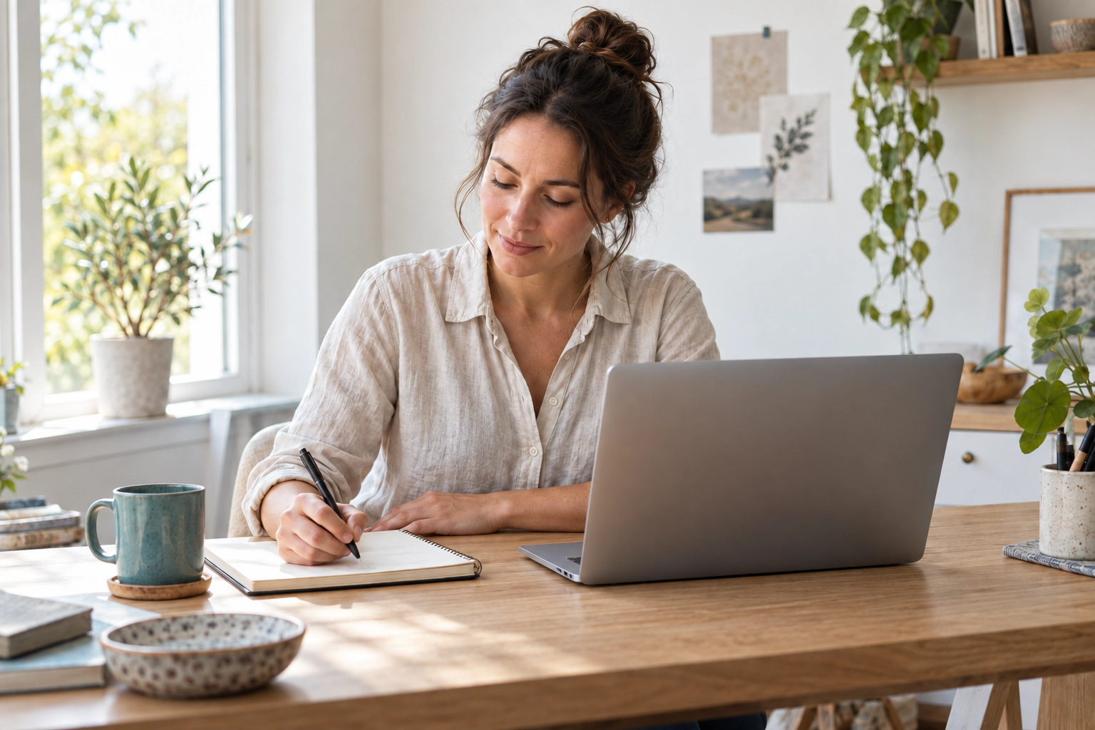 A business owner planning email work at her desk